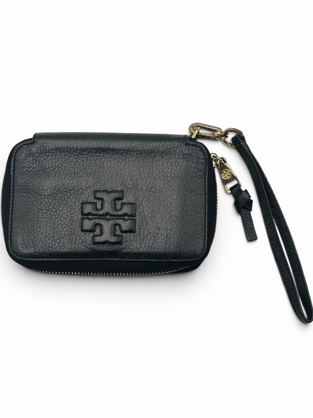 Tory Burch Thea Black Pebbled Leather Zip Around Wristlet Wallet Logo Clutch